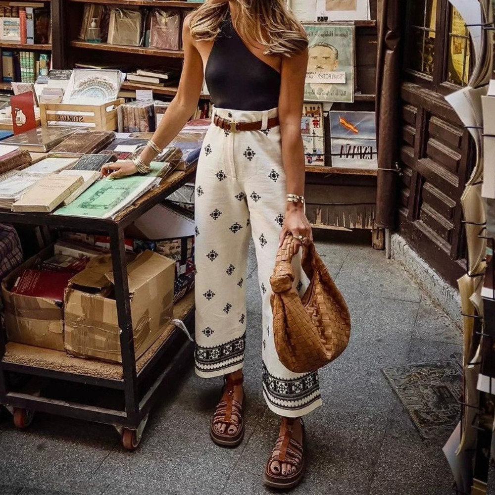 ZARA In Stock Fashion Printed Bohemian Beach Vacation High Waist Wide Leg Pants